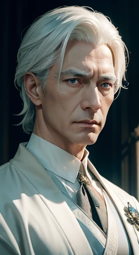 ((Photorealistic, 4K)), ((Ultra-detailed)), My father is a dignified man., pale, Porcelain-like skin. His appearance exudes elegance and sophistication., Neatly combed long, with white hair、Golden eyes that shine with an otherworldly brilliance. He usually...