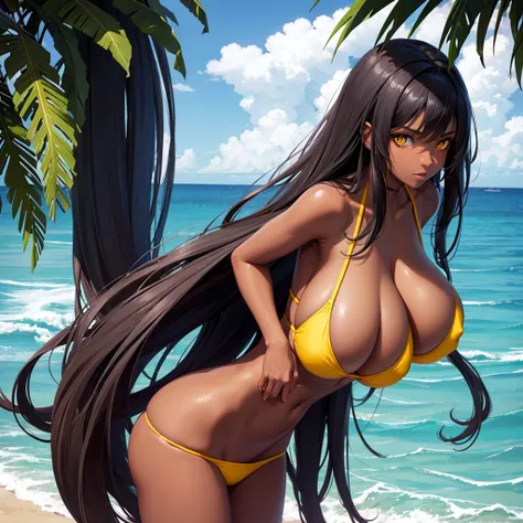 1girl, detailed face, detailed eyes, long hair, black hair, dark-skinned female, yellow eyes, serious, standing, huge ass, huge breasts, bikini, string bikini, outdoors, beach