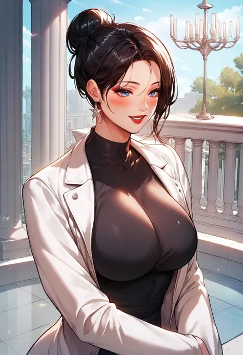 Hot sexy beautiful one women standing on building and gazing down on destroyed area,   long silver chandelier earrings,big breasts, ,black hair ,  hair bun,blush,blue eyes, smiling,red lipstick, white coat, black shirt, long sleeves