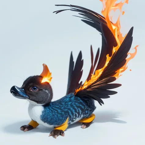 Small Animaly, generate duck mixed with lava, has blue stripes on his skin, white eyes, Grassroots, no background