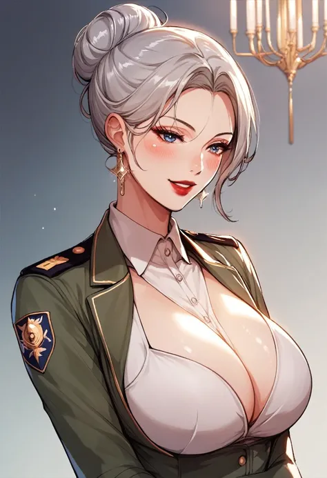 Hot sexy beautiful one women military officer,  long silver chandelier earrings,big breasts, ,grey hair ,  hair bun,blush,blue eyes, smiling,red lipstick, military sergeant uniform 