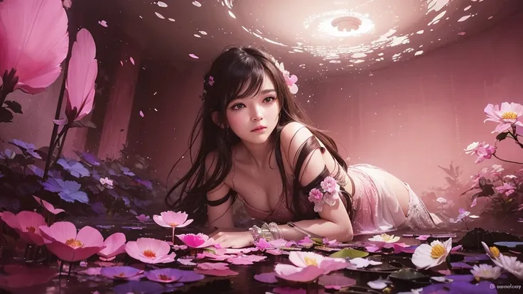 32k, Masterpiece, Highest quality, One girl, Detailed eyes, flower,Sandersonia, Pink and brown style,A dreamy, romantic piece,Pale pink, Mysterious Leaves,A playful arrangement,Fantasy,High Contrast,Ink strokes,explosion,Exposure, Impression of pink and br...