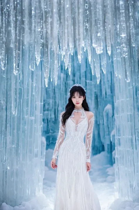 This image is、It depicts a fantastical scene of a beautiful woman standing in an ice cave.。Below is the detailed prompt for the image。

--- In the center of the image、A young woman is standing。she is wearing a white dress、The design is very delicate and el...