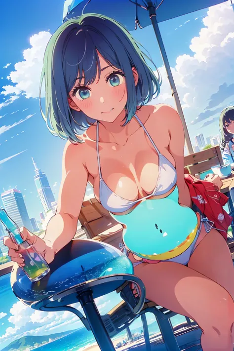 (Highest quality:1.4、8K:1.4、detailed)、F cup bust、Big Breasts、Slim body、Very white beautiful skin、((((1 person、Surprised expression、sit、Chair、In the background are the urban buildings of Tokyo、looking at the camera、Outdoor café terrace、coastal、Navy hair col...