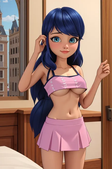 (8k, RAW photo, best quality, masterpiece:1.2), (intricate details), perfect eyes, perfect face, perfect lighting, beautiful, (masterpiece:1.2), (best quality:1.2), 1girl, solo, marinette, blue hair, ((long hair down)), adult torso, 18 years old, slight sm...