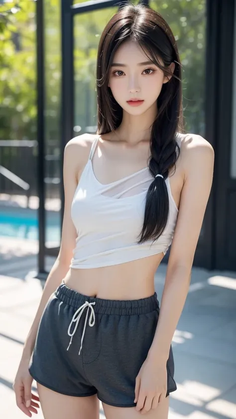 Quiet，Light makeup，Sexy，Peerless Beauty，Intellectual，clavicle，Neat long hair，Black Hair，Delicate face，Exquisite facial features，Natural expression，Natural eyes，blue sports shorts，standing