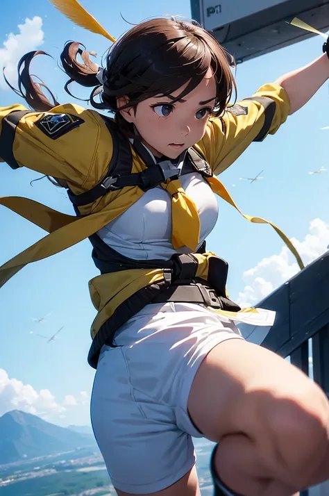 (Determination to aim higher:1.5), (scene flying far away:1.4), (A woman&#39;s determined expression:1.5), (flight soaring into the sky:1.4), (blue sky background:1.3), (high resolution)