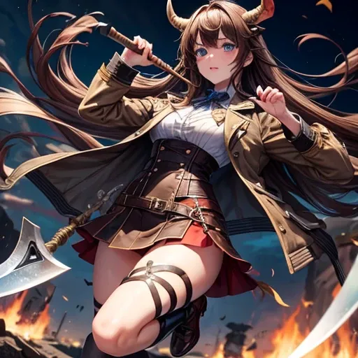 Brown haired Minotaur　Blue-eyed beautiful boy　　Cow horn　Cow earless　Have a battle axe　　long hair　Crossdresser　Wearing a jacket