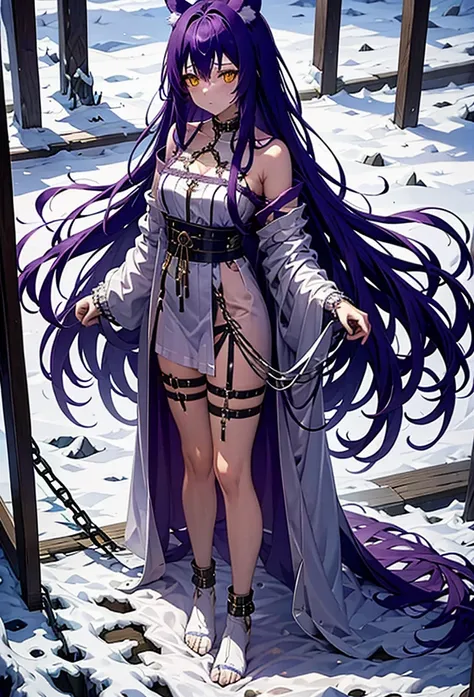 fenrir, purple hair, ears wolf, white dress, chained, standing, yellow eyes, tattered clothes, golden chain, long hair,