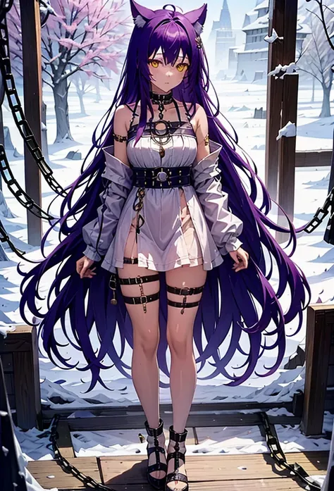 fenrir, purple hair, ears wolf, white dress, chained, standing, yellow eyes, tattered clothes, golden chain, long hair,