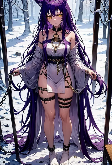 fenrir, purple hair, ears wolf, white dress, chained, standing, yellow eyes, tattered clothes, golden chain, long hair,