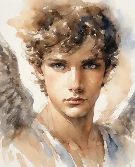 Male boy angel. Watercolor.brush ink. Italian male face. 