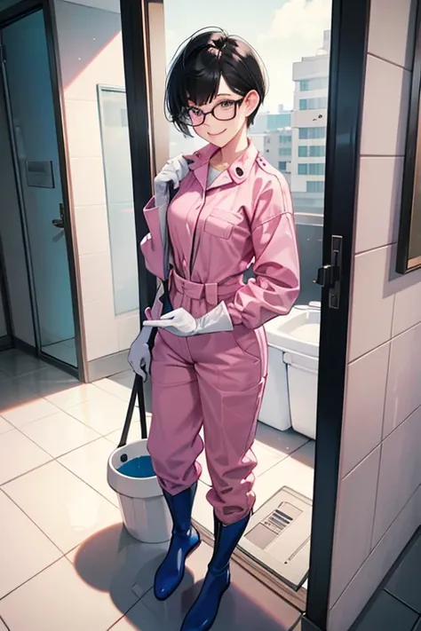 Wearing large pink rubber gloves and white rubber boots、A short-haired girl with black hair, glasses and a blue long-sleeved jumpsuit smiling gently while cleaning the dirty public toilets at her school