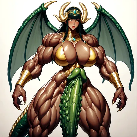 Cleopatra girl, red ponytail hair, huge breasts, extreme muscular body, extreme muscular arms, extreme muscular tights, gigantic erect green penis, scale skin, dragon horns, dragon wings, paws, 3 dragon tails.