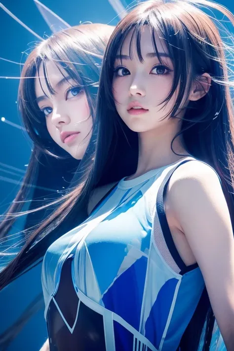 (anime),(cute)(masterpiece), (Highest quality),One girl,Upper Body,(Double exposure:1.2),(Simple Background:1),Bold、clear、Cobalt、 (Movie angle),(Dynamic Angle),Disheveled long hair,(Low contrast),(Flat Color:0.7)