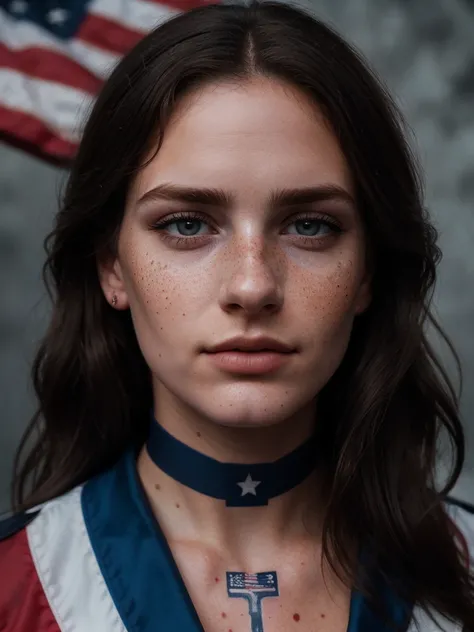 photo, rule of thirds, dramatic lighting, medium hair, detailed face, detailed nose, Woman with American flag painted on her face (Independence Day), freckles, collar or choker, perfect detailed hand tattoo, complex background, realism , realistic, rough, ...