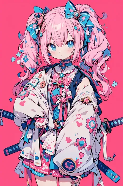 anime girl with pink hair and blue eyes holding two swords, decora style illustrations, anime illustration, anime graphic illust...