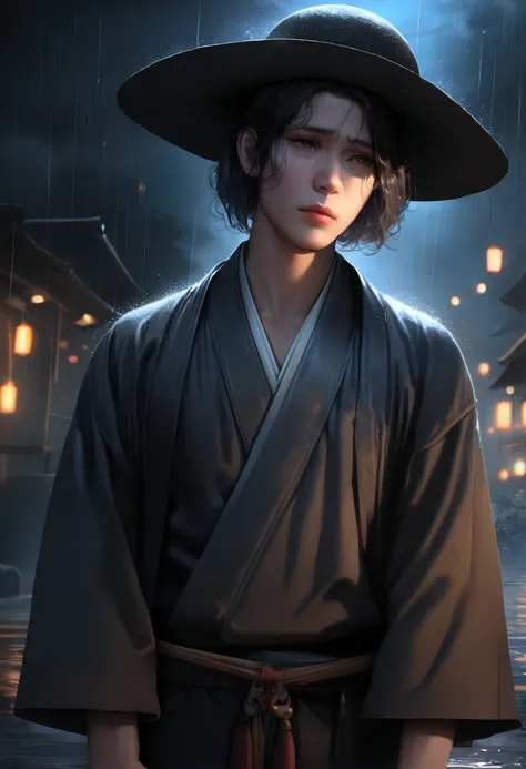 (highres, realistic, 4k, ultra-detailed, masterpiece:1.2),cowboy shot (no hat:1.5), 1 boy, glowing green eyes, black hair, ((bob hair)), KImono, Japanese clothes, fox mask, ((in the night)), rainy sky, dramatic lighting, silent lonliness, vivid colors, enc...