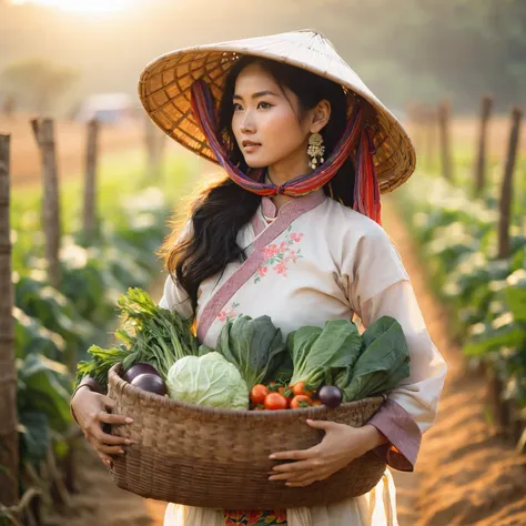 arafed woman carrying a basket of vegetables in a field, japanesse farmer, vietnamese woman, traditional beauty, traditional, as...