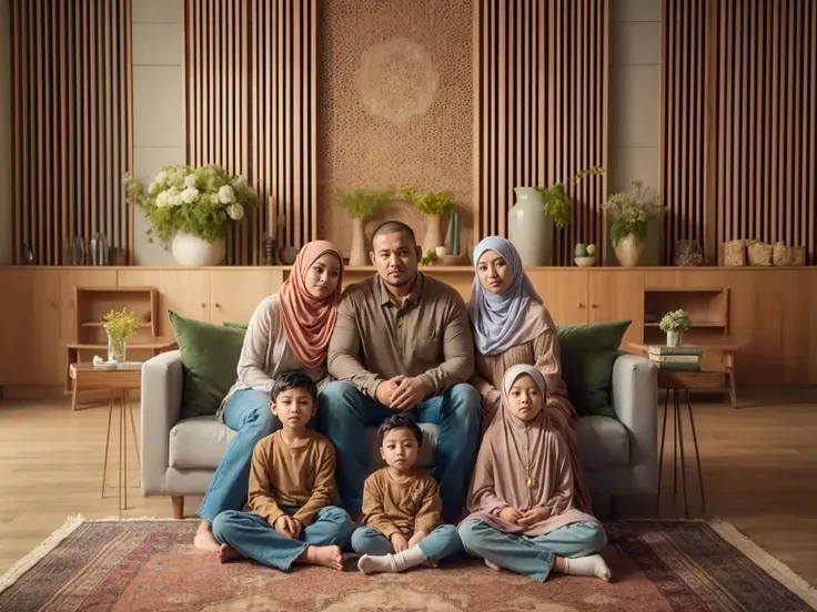 Indoor Photography, close up, 5 people, Indonesian couple aged 38 sitting on a sofa, a slightly overweight man with short buzz hair and a woman wearing a long compliant pashmina hijab holding a aged 4 toddler boy, in front of them on carpets sits a girl ag...