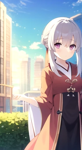 ((one girl)),((building)), braided bangs,braided ponytail,(alone:1.2), 16 years old,view your viewers, sunlight,hanfu, cheng qia...