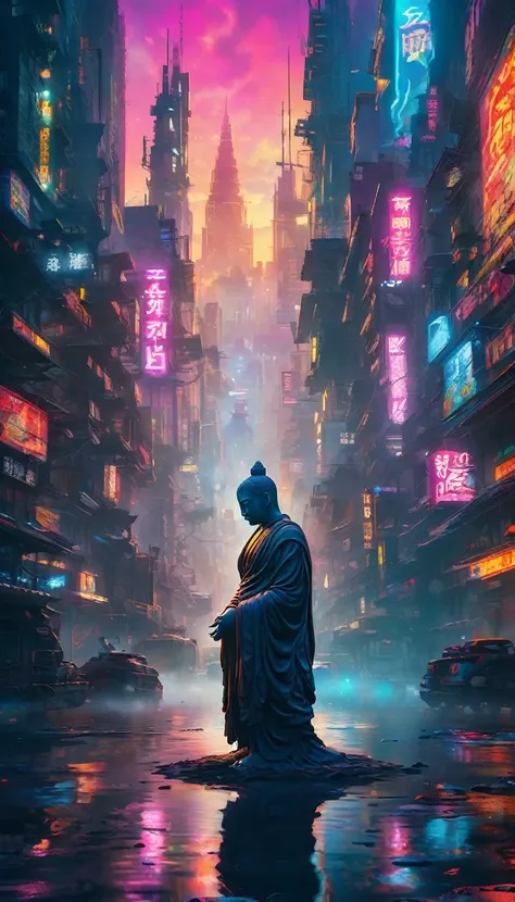 masterpiece: a serene buddha in the heart of a cyberpunk metropolis read more:peaceful buddha silhouetted against a gritty cyber...