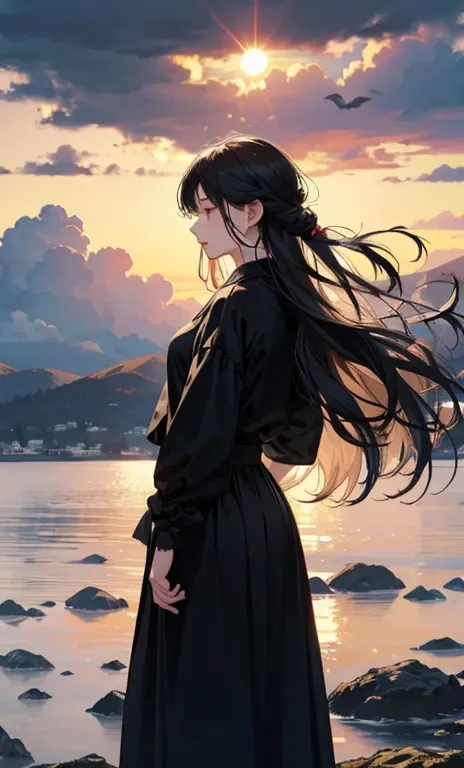 Realistic landscape、The sun is half hidden by the clouds、Cloudy winter sky、Clouds are torn apart、wood々is shaking、Back view、The womans face is not visible、All black mourning clothes、lipstick、Long hair tied up、Long skirt