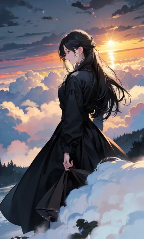 Realistic landscape、The sun is half hidden by the clouds、Cloudy winter sky、Clouds are torn apart、wood々is shaking、Back view、The womans face is not visible、All black mourning clothes、lipstick、Long hair tied up、Long skirt