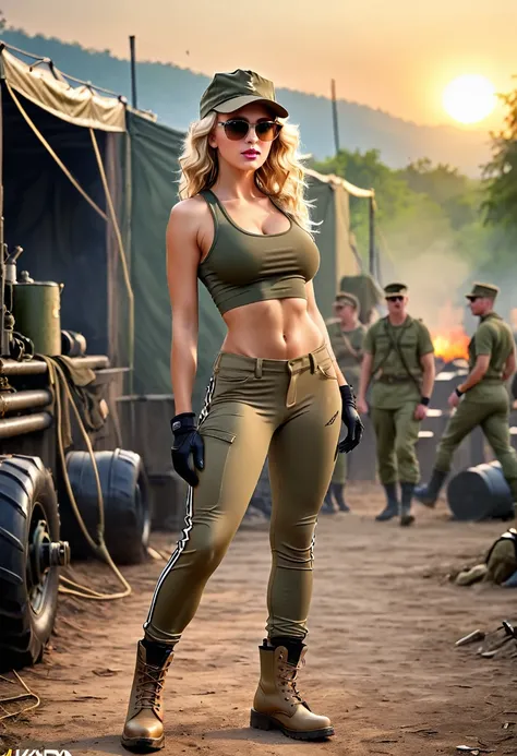 Gorgeous European blonde women, age 23, wavy hair., military officer. Lesbian action in a military camp.
Shes wearing a (khaki crotchless leggings:1.5), military boots, ripped tight top khaki tank, baseball cap, gloves, sunglasses. 
Perfect body, perfect h...