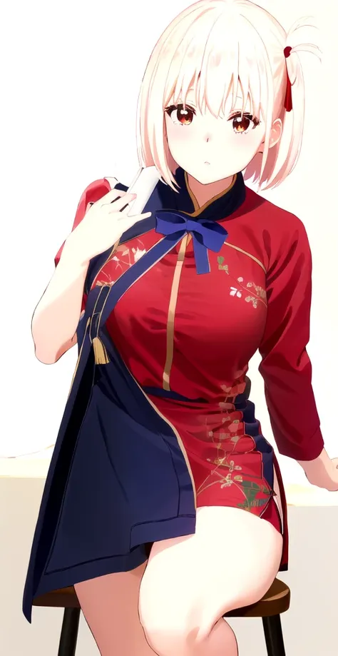 胸のI can see the valley、Panties are slightly visible、China dress姿のアニメの女の子, China dress、China dressのスリットからパンティが見える、、Blushing、、Short Hair、Coffee shop、I can see the valley、Put one foot on the chair