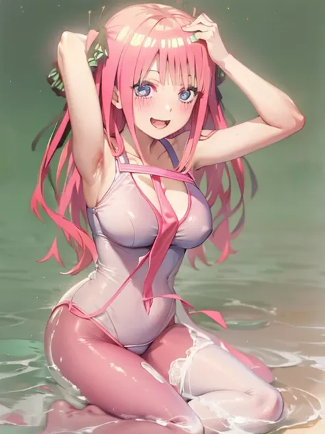 masterpiece, best quality, insanely detailed, beautiful, nino nakano, one-piece swimsuit, breasts, pantyhose, blush, smile, legs spread