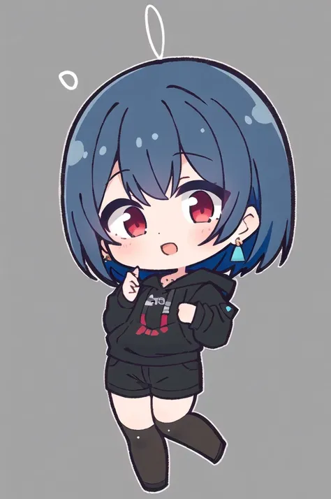 masterpiece, best quality,  allmind, 1girl, bluehair, earring, red eyes, black sweatshirt, black thigh highs, black cargo shorts...