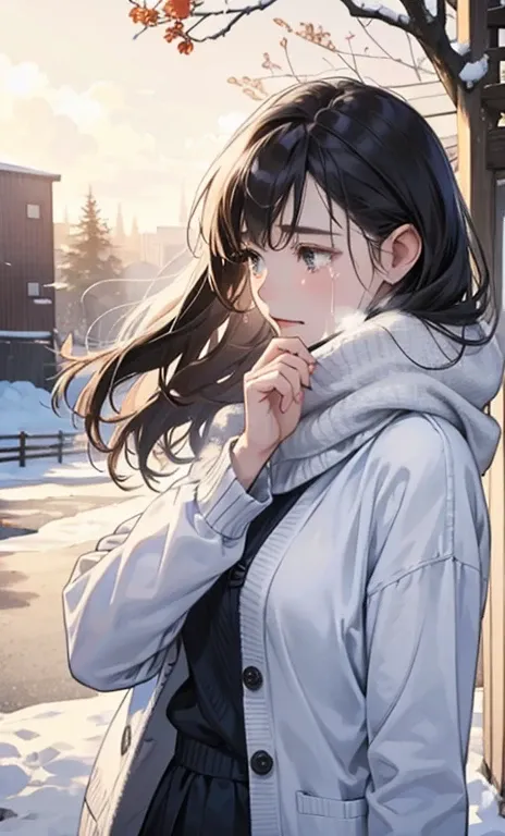 Realistic winter landscape、Woman profile、tears、White long sleeve shirt、Casual clothes with a cardigan、Upper Body、A face distorted while crying、Covering one&#39;s face with one&#39;s hands and crying、Long hair blowing in the wind