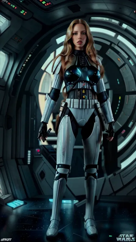 there is a beautiful blonde woman with perfect body in sexy black star wars stormtrooper armor, full body image, long legs, smal...