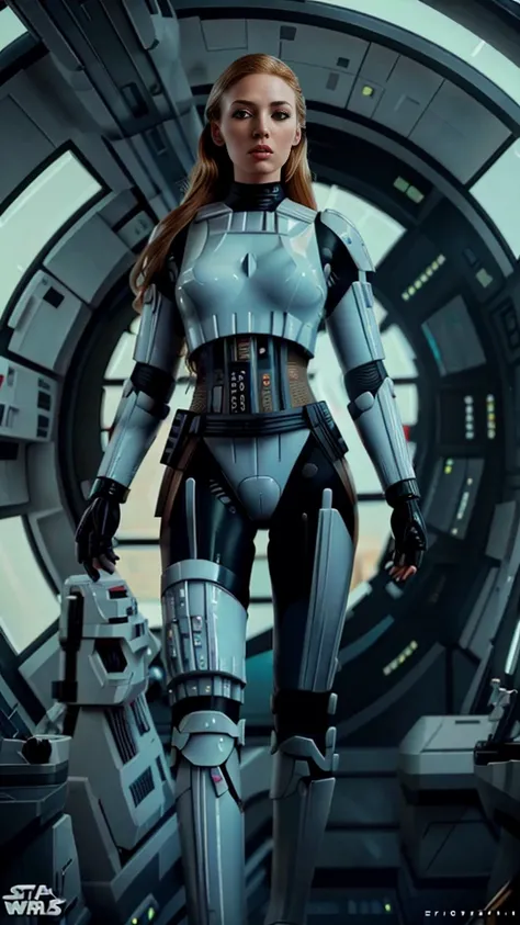 there is a beautiful blonde woman with perfect body in sexy black star wars stormtrooper armor, full body image, long legs, smal...