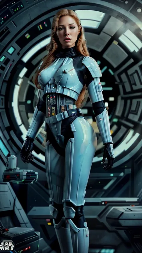 there is a beautiful blonde woman with perfect body in sexy black star wars stormtrooper armor, full body image, long legs, smal...