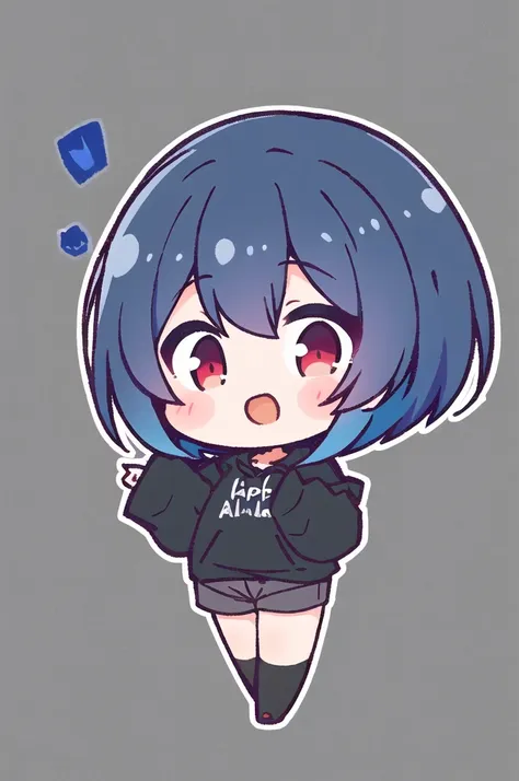 masterpiece, best quality,  allmind, 1girl, thick blue hair, flowing hair, lavender ends, red eyes, black sweatshirt, black thig...