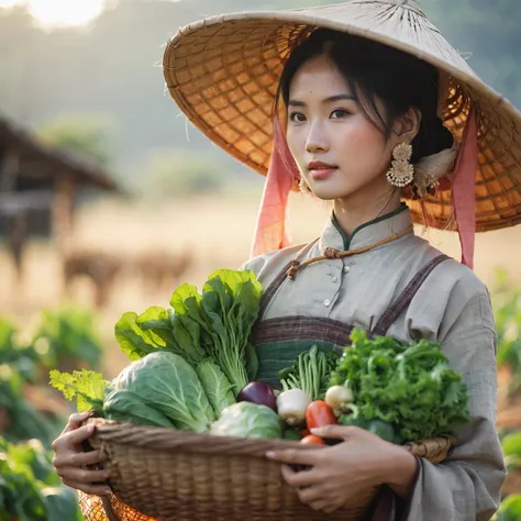 arafed woman carrying a basket of vegetables in a field, japanesse farmer, vietnamese woman, traditional beauty, traditional, as...