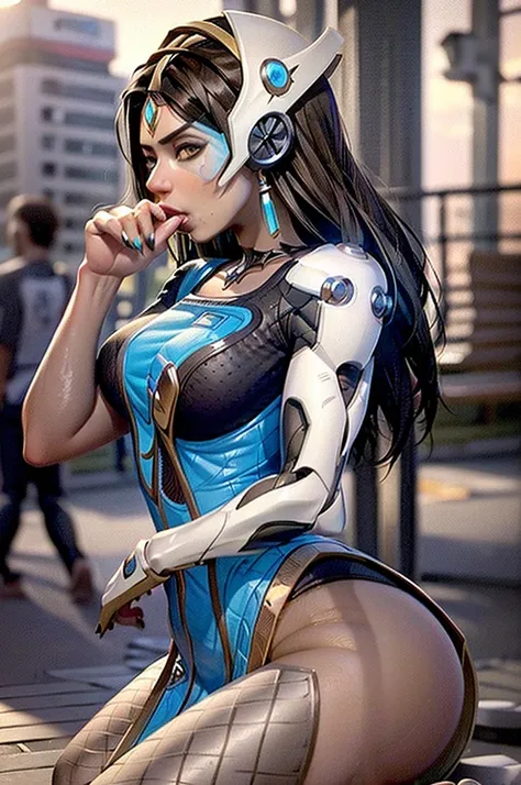 ((Realistic lighting, Best quality, 8K, Masterpiece: 1.3)), Focus: 1.2, 1girl, Perfect Body Beauty: 1.4, Slim Abs: 1.1, ((Dark Brown Hair)), (Symmetra: 1.4), (Outdoor, Night: 1.1), City Street, Super Fine Face, Fine Eyes, Double Eyelids, (((blowjob, sexy b...