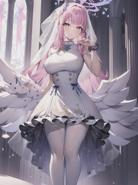 A girl，long hair, Bangs, Pink hair, Hair between the eyes, Eye:1.5),  (Large Breasts:1.2), 
rest  锁骨, Wedding dress，veil，wedding，White dress，Flowers，Broken skirt，White socks，Tights，White knee socks，
looking at viewer, whole body,
indoors, church，Standing，S...