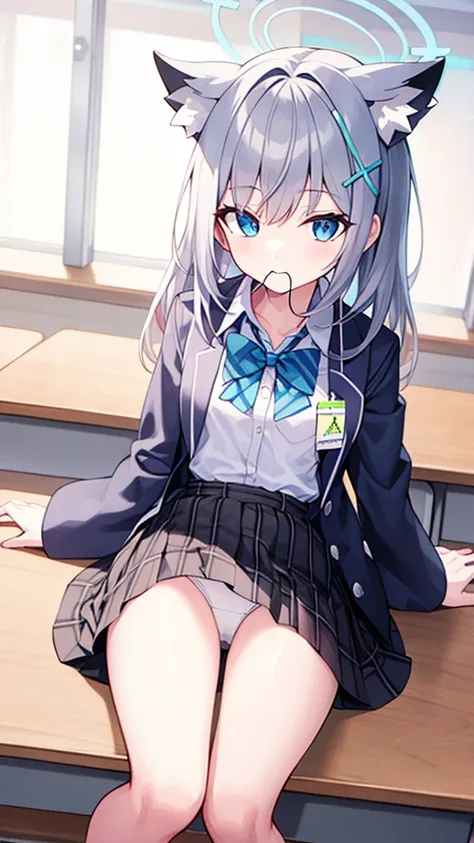 1 girl,高质量of，masterpiece，高清of， underwear, skirt, 独自of, underwear, Chest, classroom, shirt, bow, lexistg_hair, 白色of_, skirt_lift, existindoor, Smile, Open_clothing, bowtie, Umbilical cord, watch_exist_audience, clothing_lift, 白色of_shirt, table, School_, blu...