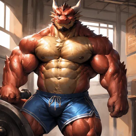 human nature, cannon, male, solitary, ((the strong，Handsome)), ((dragon) fur), Chibo，Six-pack abs，(School Background)，Blue shorts，Sweat:1.3,White Socks，high quality, (4K,high quality, high resolution, masterpiece), Front view (close up), cartoon,by lindong