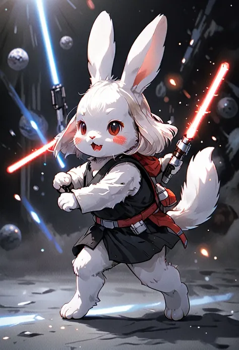 Rabbit holding a lightsaber、Have a bad face、Running with momentum、The background is space