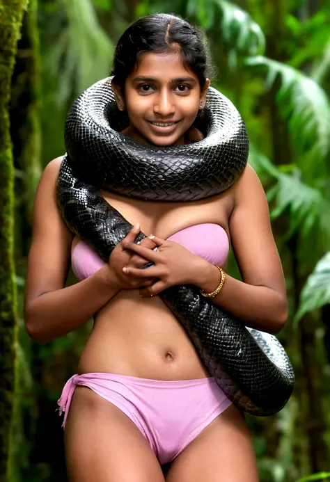   Topless  pink thong wearing aroused horny beautiful happy young Indian teen girl vs  Giant colossal black anaconda monster wrapped around her body squeezing her in coiled embrace cuddling and kissing  sexual erotic bestiality  sex  realistic in the rainf...