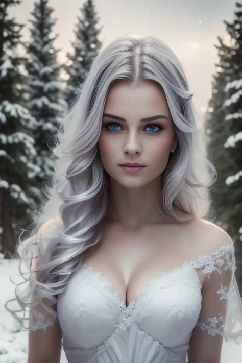 a beautiful young woman, white hair, blue eyes, pale skin, detailed facial features, long eyelashes, serene expression, wearing a white dress, standing in a snowy winter landscape, pine trees, snowfall, overcast sky, natural lighting, cinematic composition...