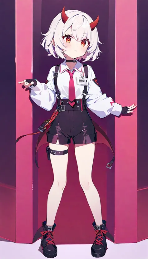 Teenage girl, devil girl, small red horns, white hair, short fluffy hair, big red eyes, pale skin, blushing cheeks,red cheeks, brown eyes, hair ornament, white shirt, long sleeves, pink tie, black choker, harness, name tag, multiple belts, high waist short...