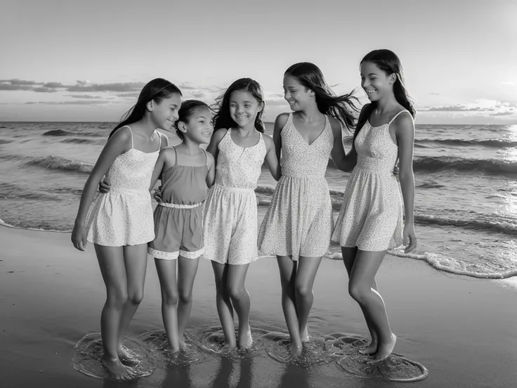 a nostalgic scene featuring (three girls), paddling in shallow ocean water. a girl of about twelve years old, stands in the midd...