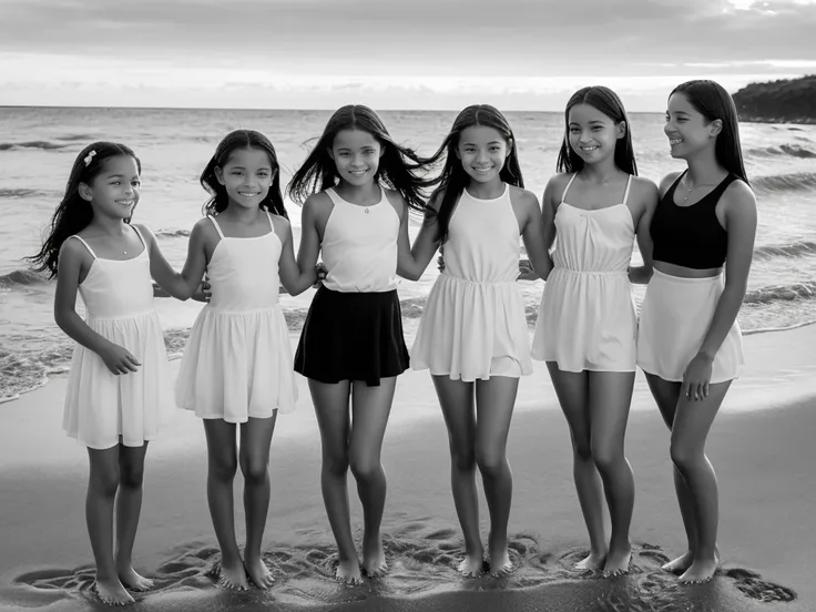 a nostalgic scene featuring (three girls), paddling in shallow ocean water. a girl of about twelve years old, stands in the midd...