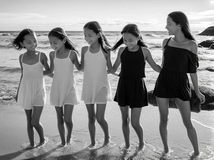 a nostalgic scene featuring (three girls), paddling in shallow ocean water. a girl of about twelve years old, stands in the midd...