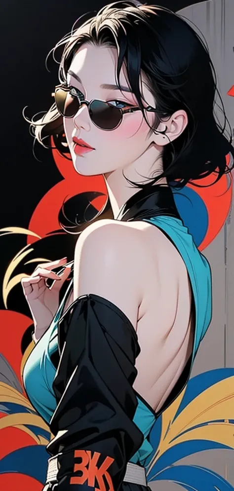 ((Art style by Patrick Nagel)), ((8k, wallpaper, detailed)), dark sunglasses, korean popstar, short black hair, pretty hands, fringe, simple red background, palm trees, (graffiti wall:1.2), strong, courageous, art by Patrick Nagel